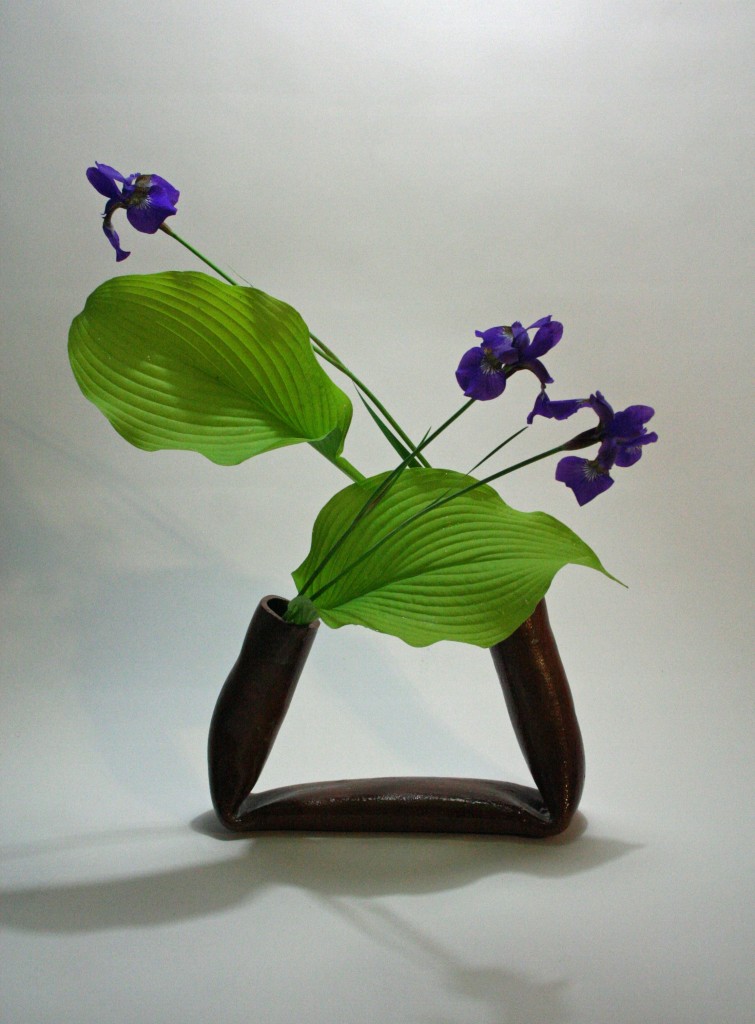 Iris and hosta leaves in self made vase