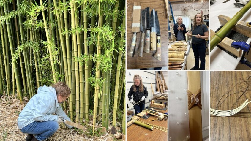 Keith Stanley harvesting bamboo in Oregon alongside photographs of bamboo tools, cutting, splitting and rattan-knotting techniques.