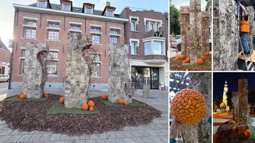 Innerlijke Groei by Keith Stanley at Hoogstraten in groenten & bloemen 2026, with three sculptural forms, bamboo, botanicals and tomato spheres.